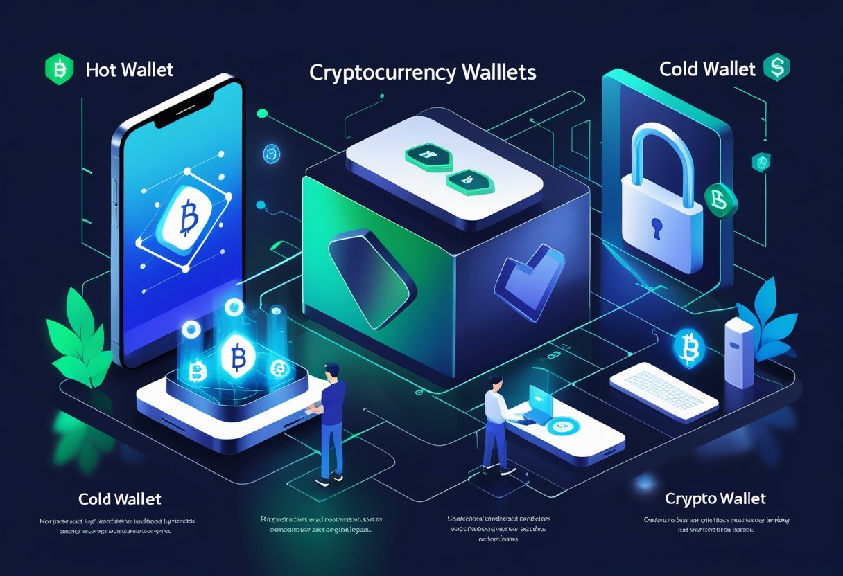 An illustration showing four types of cryptocurrency wallets: a smartphone for hot wallets, a hardware device for cold wallets, a secure vault for custodial wallets, and a person holding a private key for non-custodial wallets, with blockchain symbols in the background.