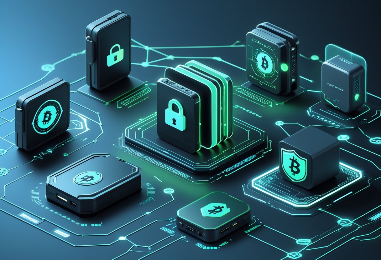 Illustration showing different types of cryptocurrency wallets including online and offline versions, with symbols of security and a network background.